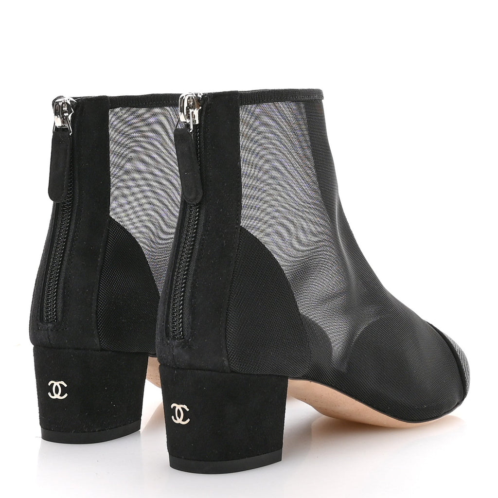 Chanel Mesh Suede Cap Toe Embellished Short Boots 35.5 Black