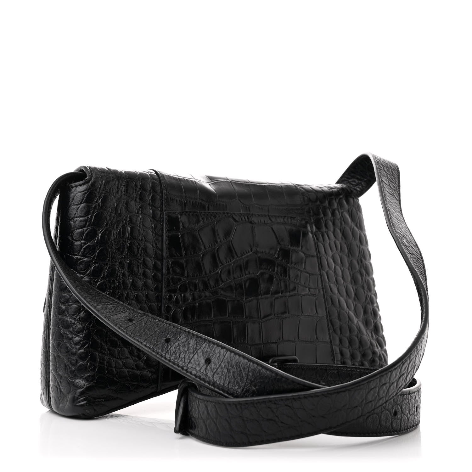 Balenciaga Extra Supple Calfskin Crocodile Embossed Monochrome XS Downtown Shoulder Bag Black