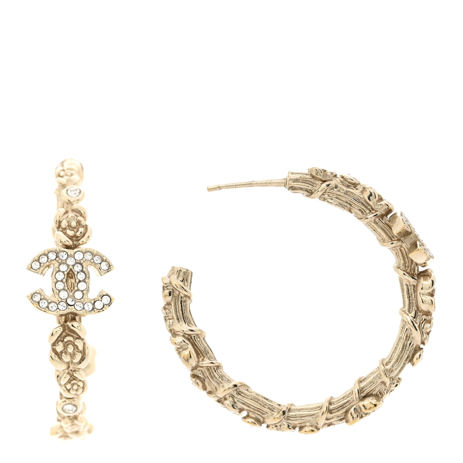 Chanel Crystal Camellia CC Hoop Earrings Gold