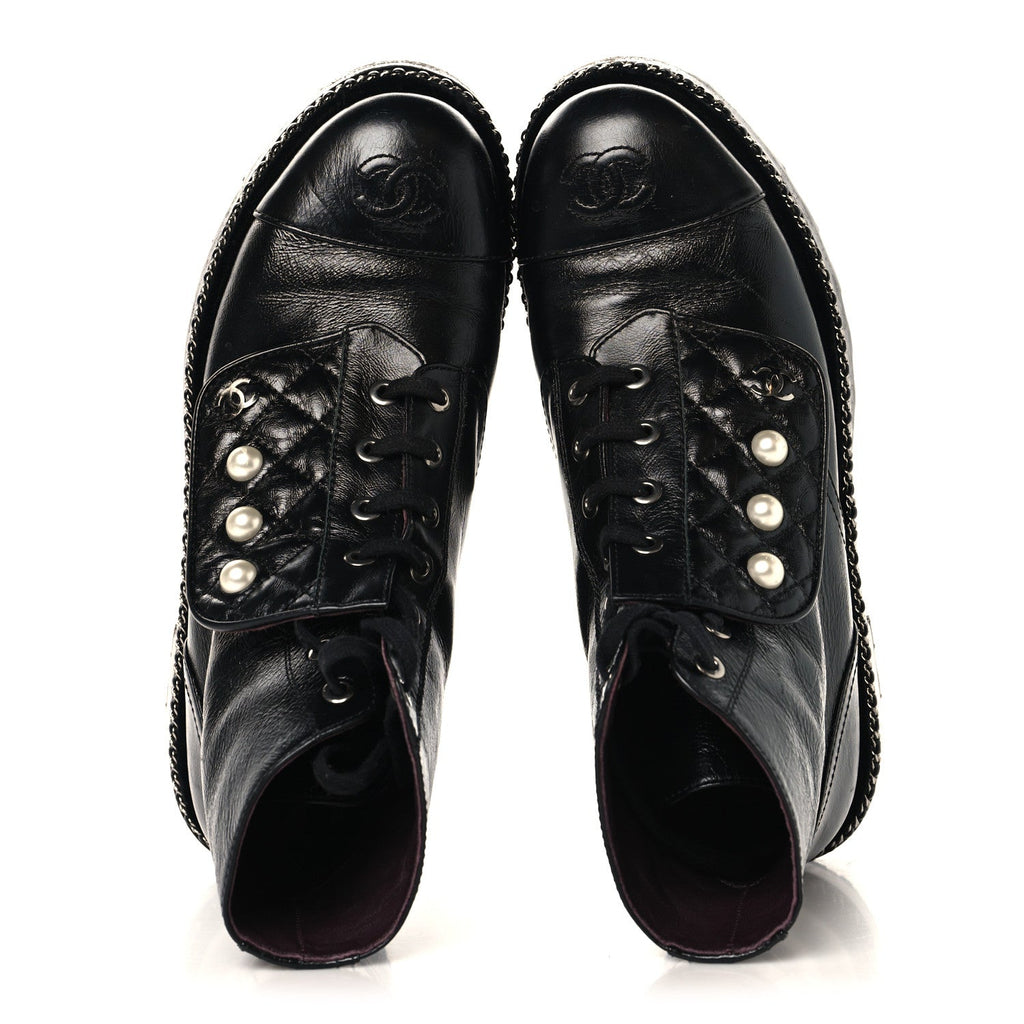 Chanel Crackled Calfskin Velvet Pearl Combat Short Boots 37.5 Black