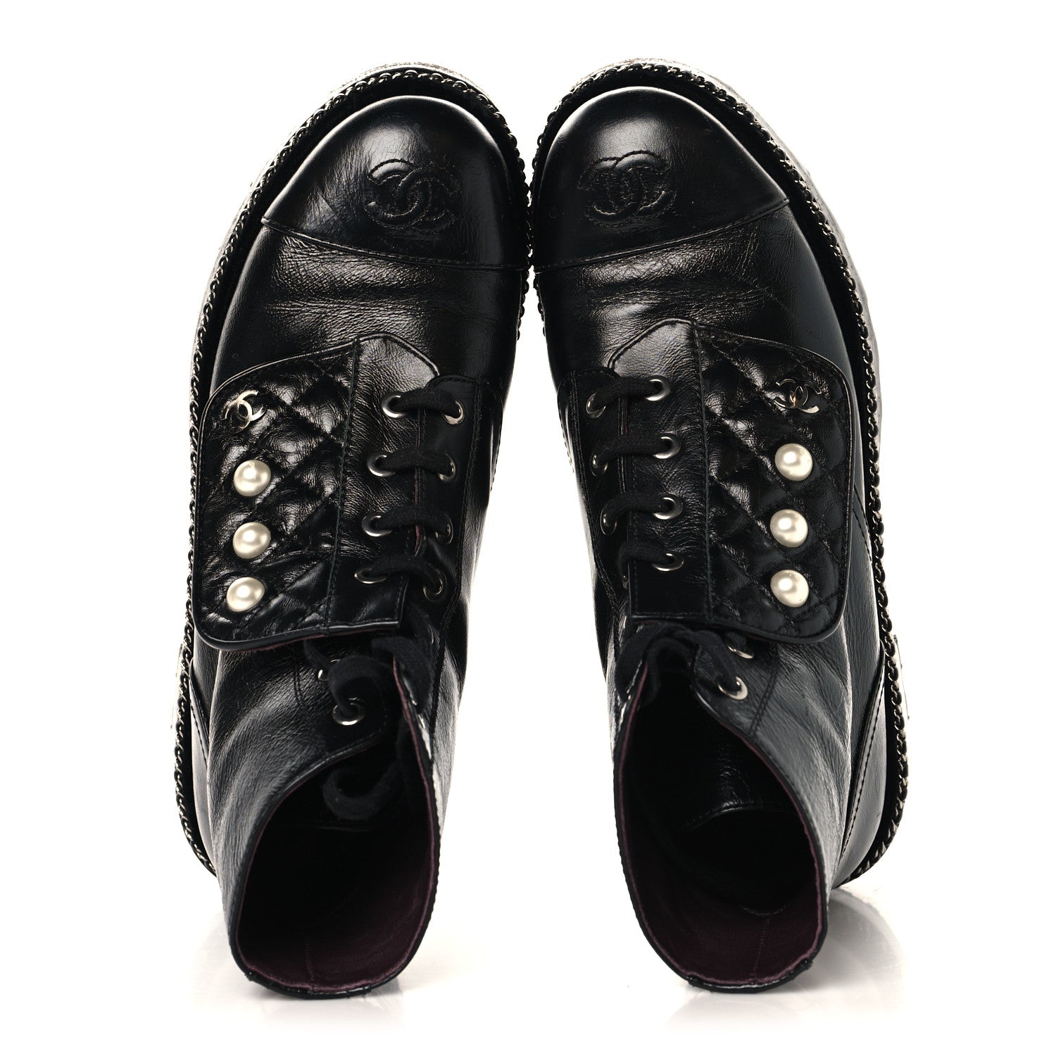 Chanel Crackled Calfskin Velvet Pearl Combat Short Boots 37.5 Black