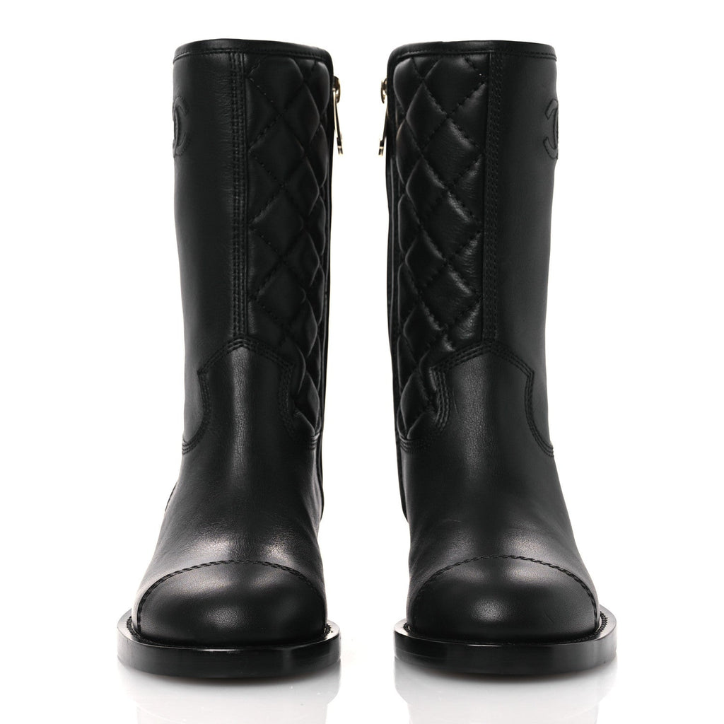 Chanel Calfskin Quilted CC Logo Mid Calf Boots 35 Black