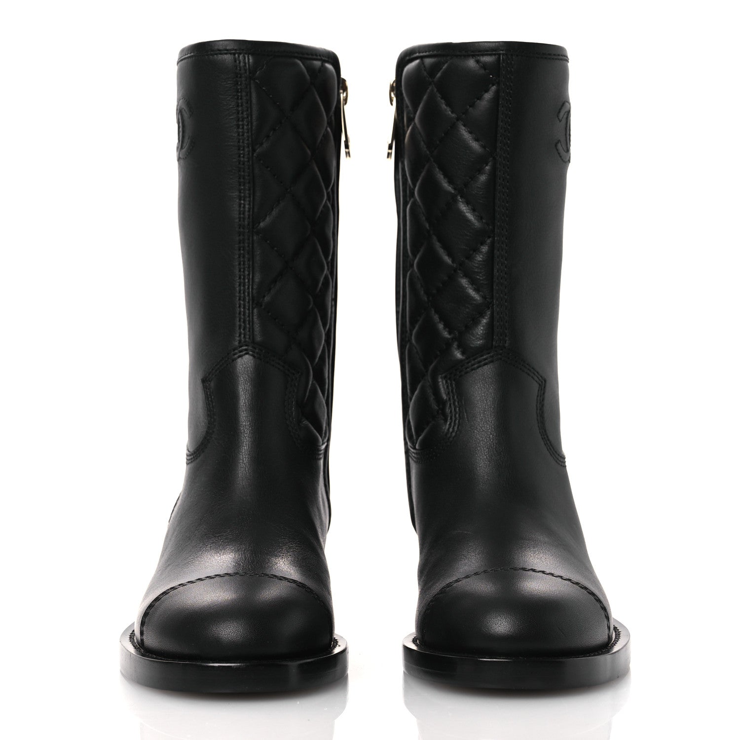 Chanel Calfskin Quilted CC Logo Mid Calf Boots 35 Black