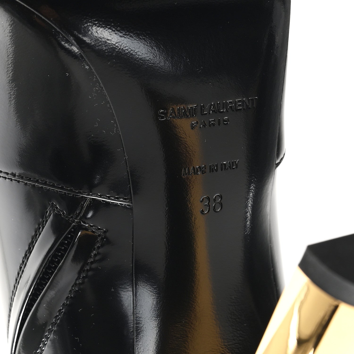 Saint Laurent Patent Marilyn Ankle Zip Boot 38 Black Gold