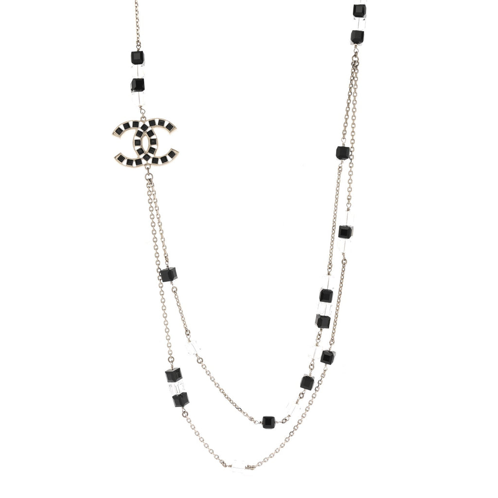 Chanel Crystal Bead CC Long Necklace Silver Black Transparent