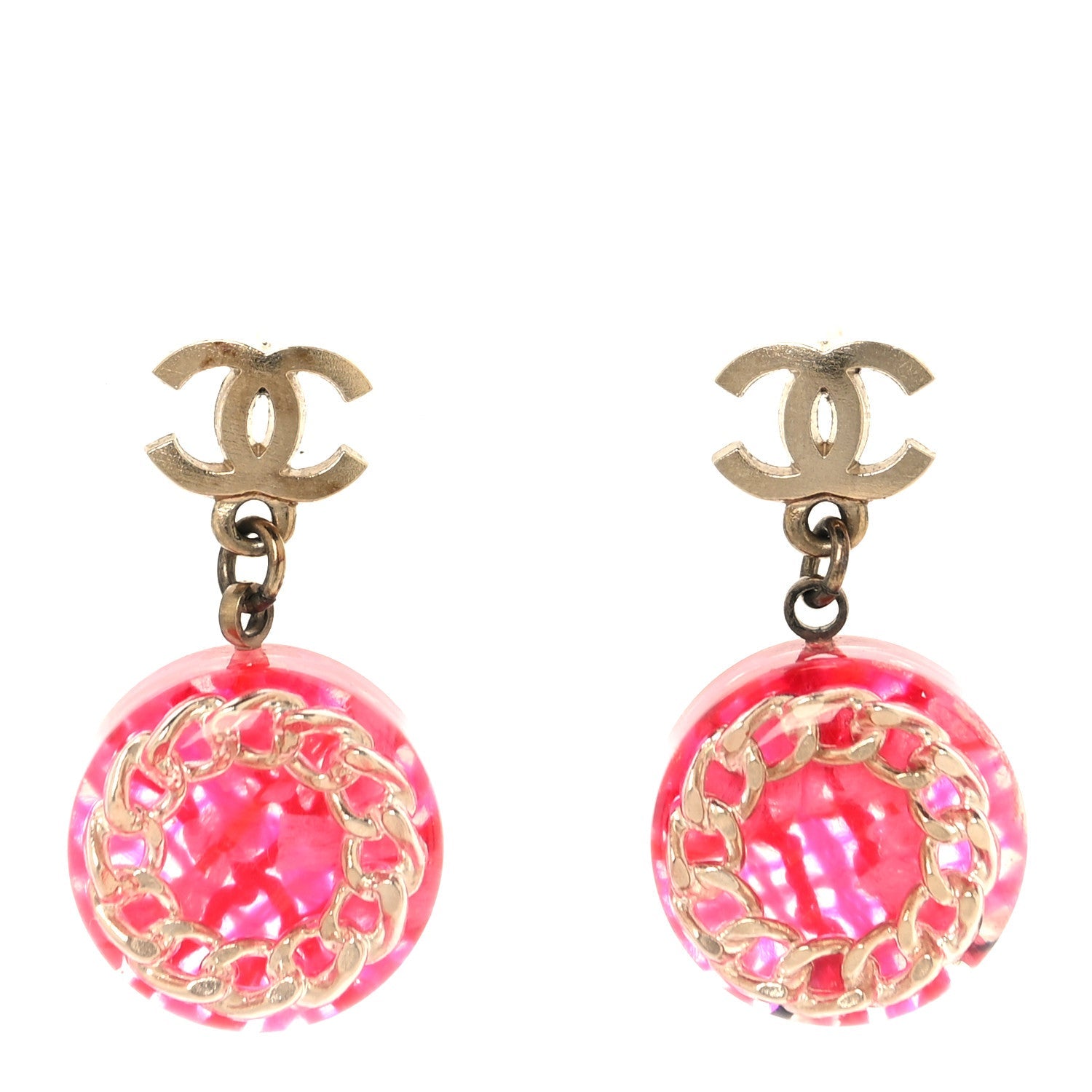 Chanel Resin Chain Tweed CC Drop Earrings Pink Gold