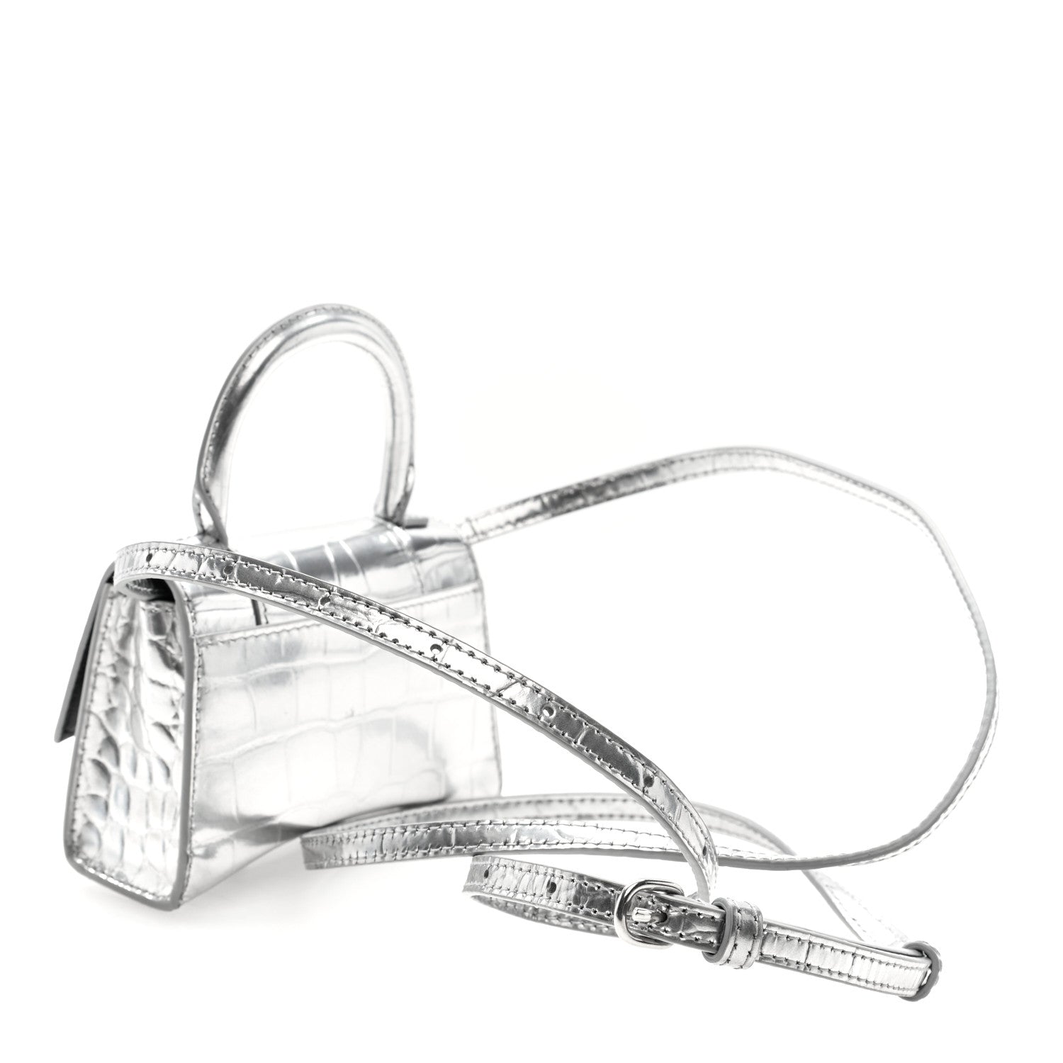 Balenciaga Metallic Calfskin Crocodile Embossed Hourglass Top Handle Bag Mini Silver