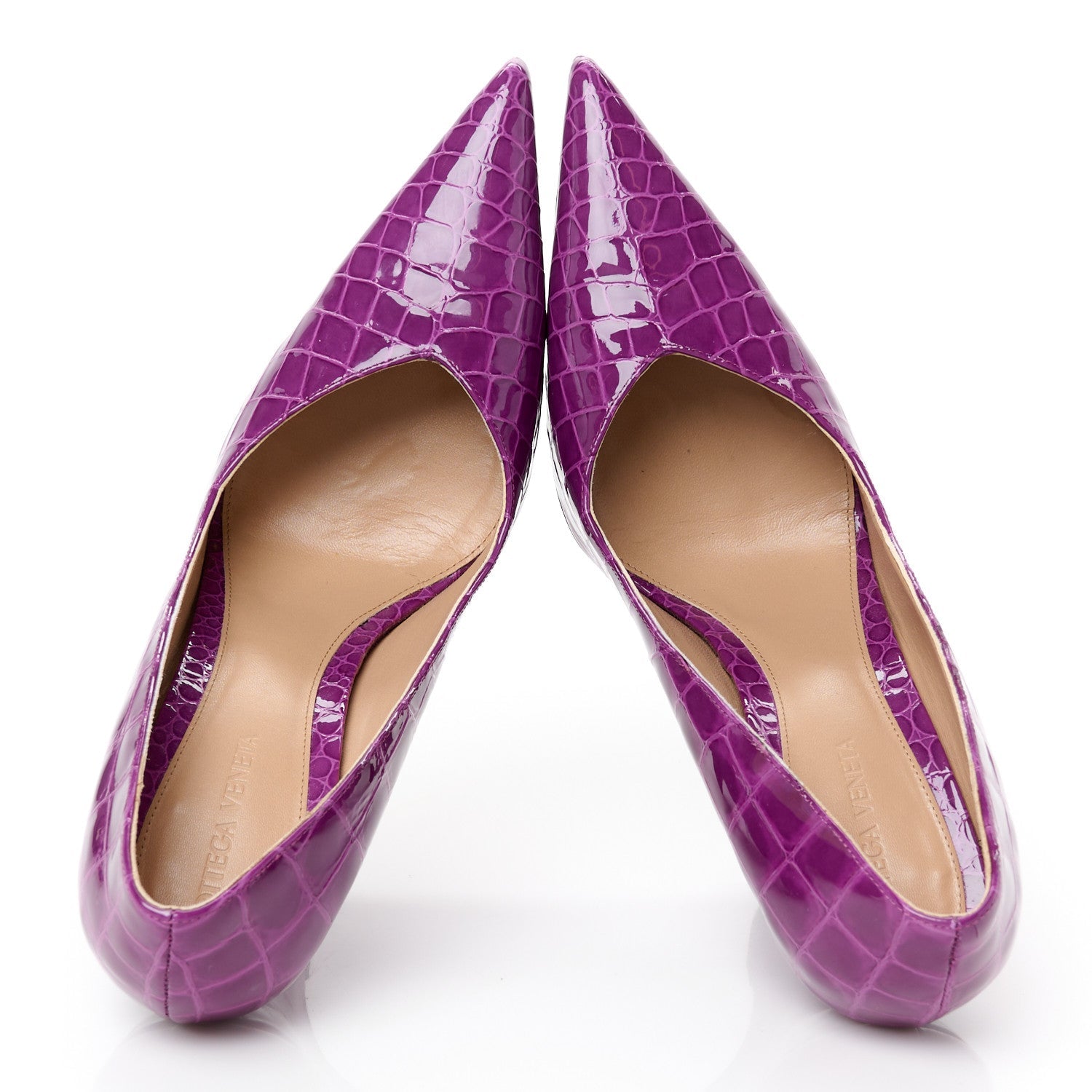 Bottega Veneta Gloss Calfskin Crocodile Embossed Punta Wedge Heels 40 Venom