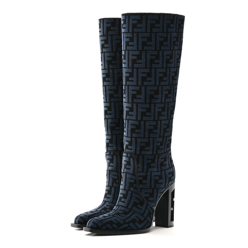 Fendi Chenille Jacquard FF 110mm Knee Boots 39 Black Blue