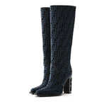 Fendi Chenille Jacquard FF 110mm Knee Boots 39 Black Blue