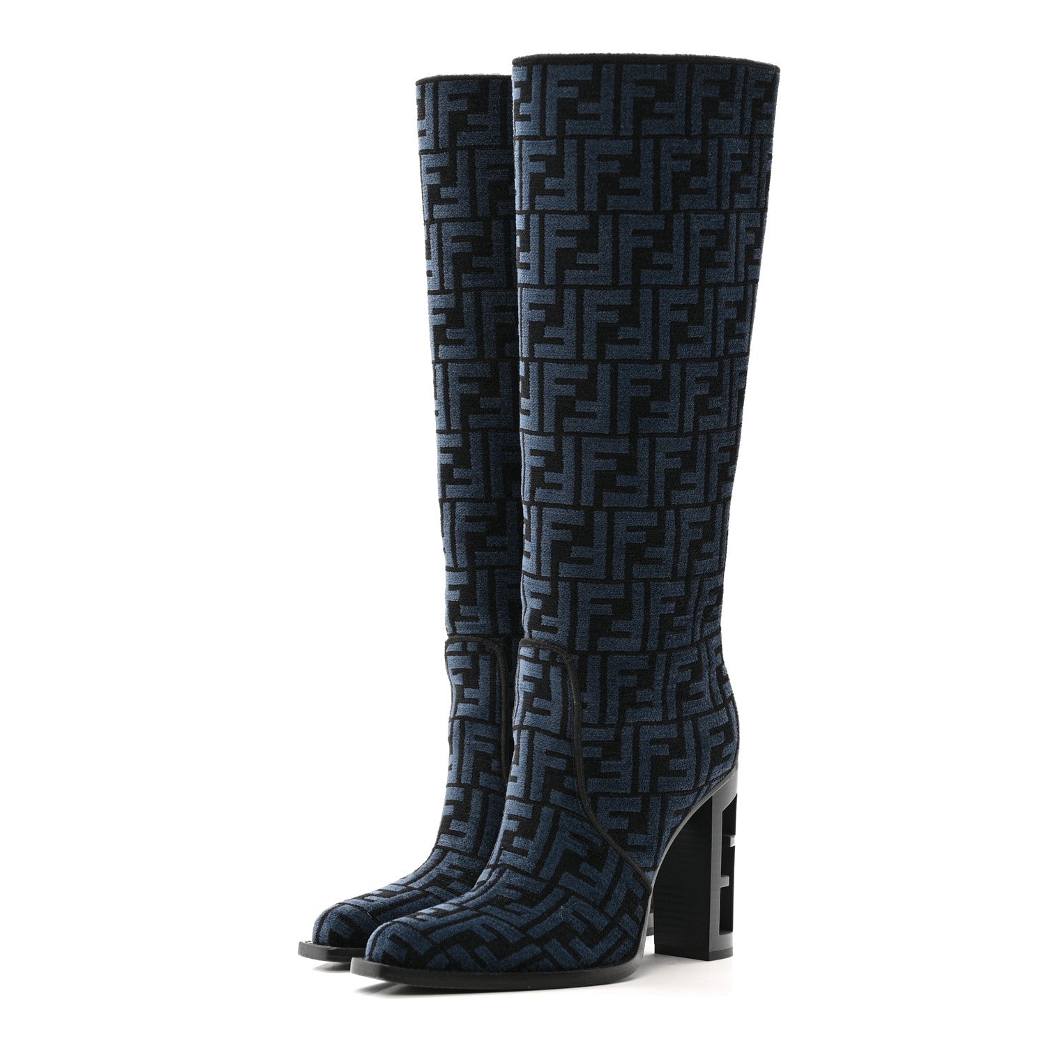 Fendi Chenille Jacquard FF 110mm Knee Boots 39 Black Blue