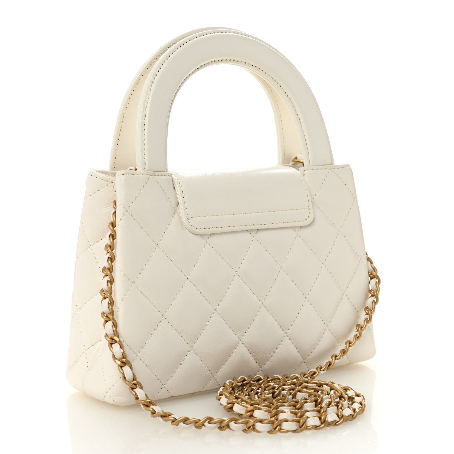 Chanel Shiny Aged Calfskin Quilted Nano Kelly Shopper White