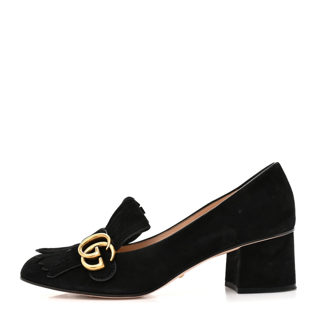 Gucci Kid Scamosciato GG Marmont Fringe 50mm Loafer Pumps 39.5 Black