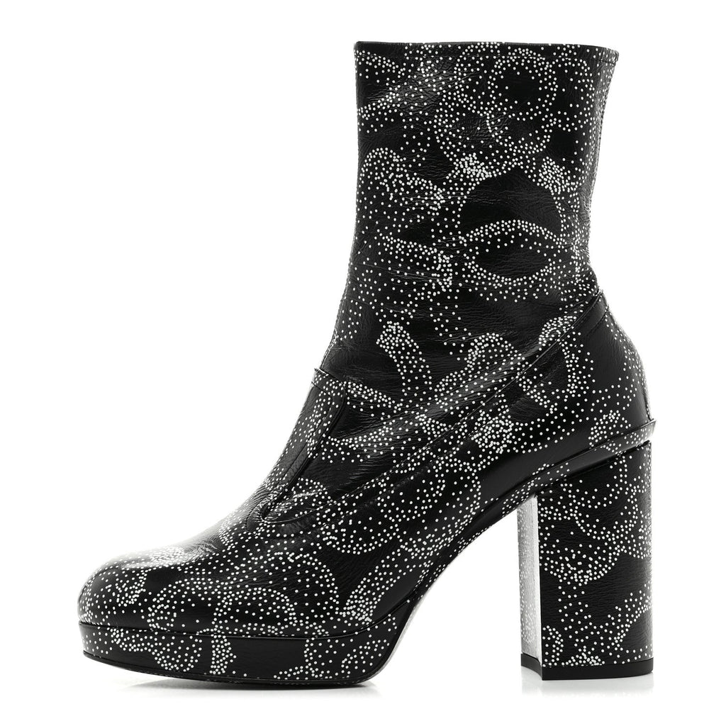 Chanel Calfskin Camellia Printed Ankle Boots 38 Black White