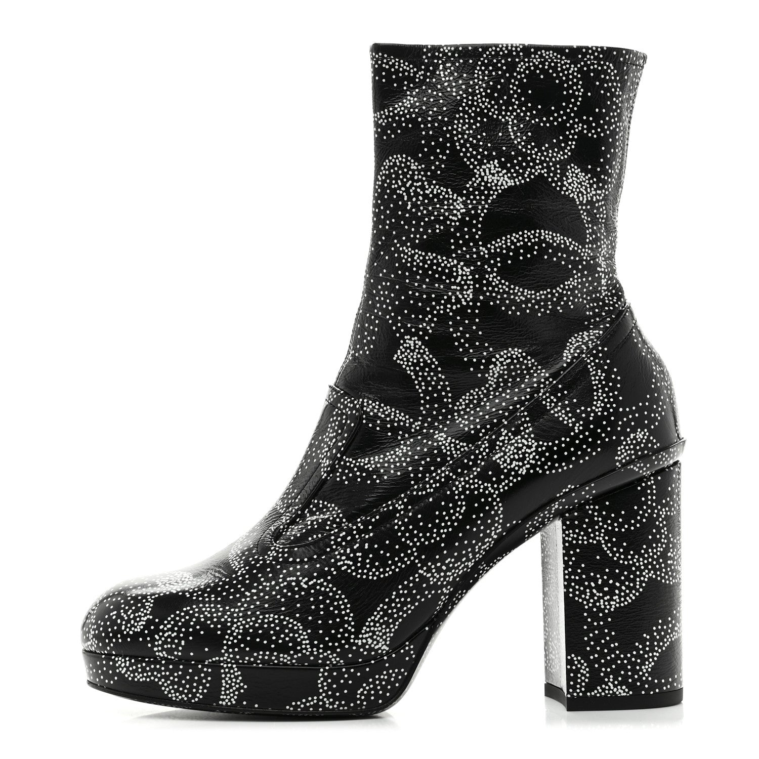 Chanel Calfskin Camellia Printed Ankle Boots 38 Black White