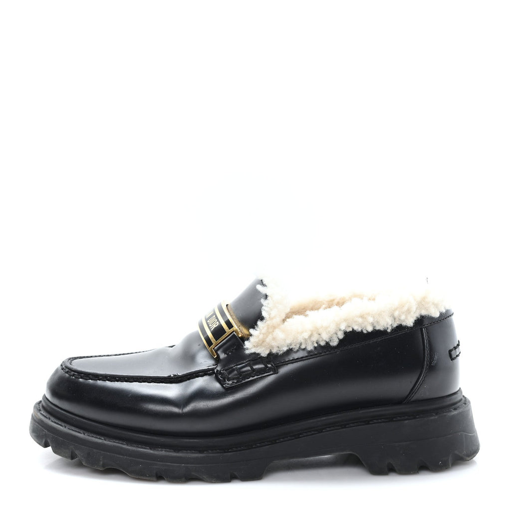 Christian Dior Brushed Calfskin Shearling Dior Code Lug Sole 15mm Loafers 35.5 Black Natural