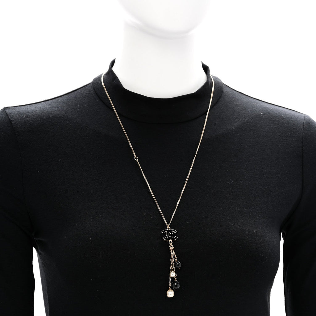 Chanel Enamel Bead Pearl CC Drop Necklace Black Gold