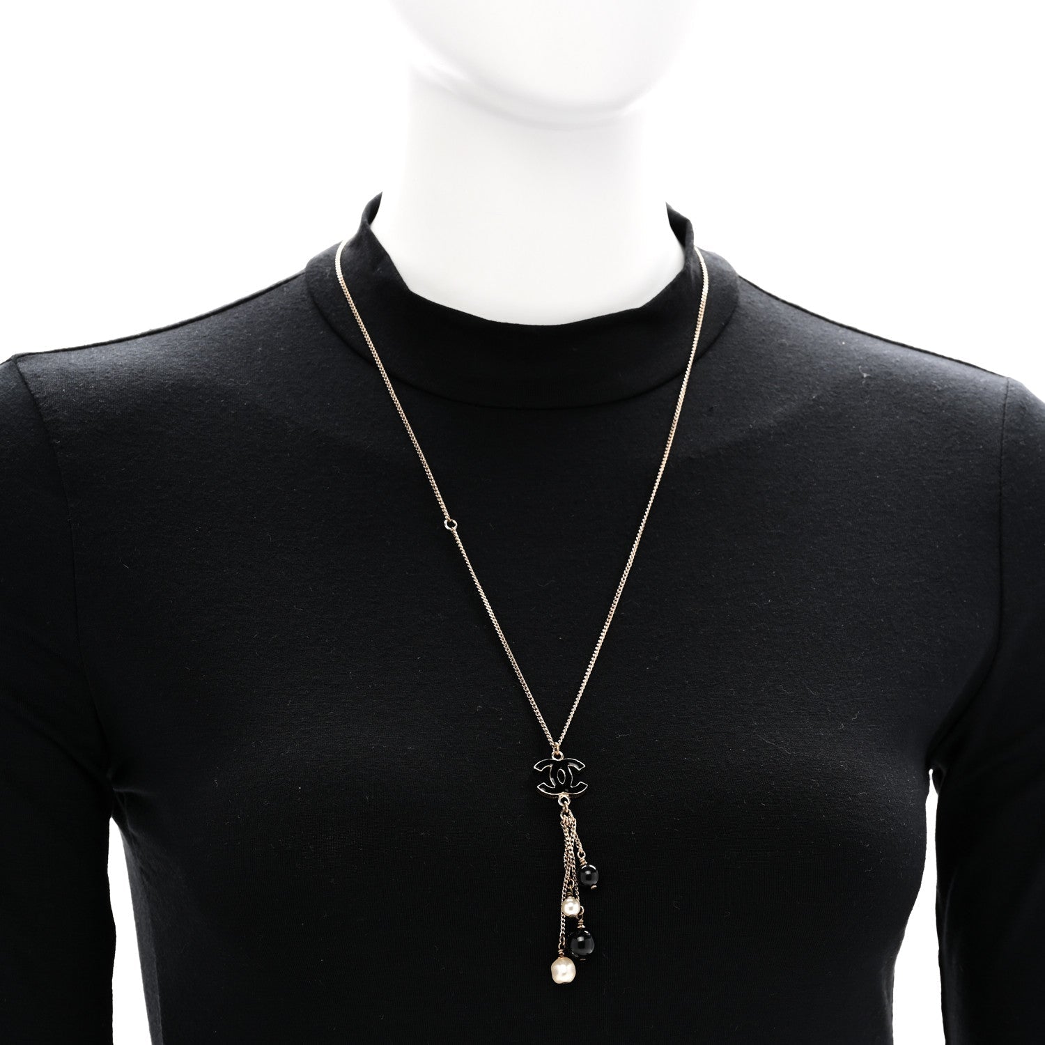 Chanel Enamel Bead Pearl CC Drop Necklace Black Gold