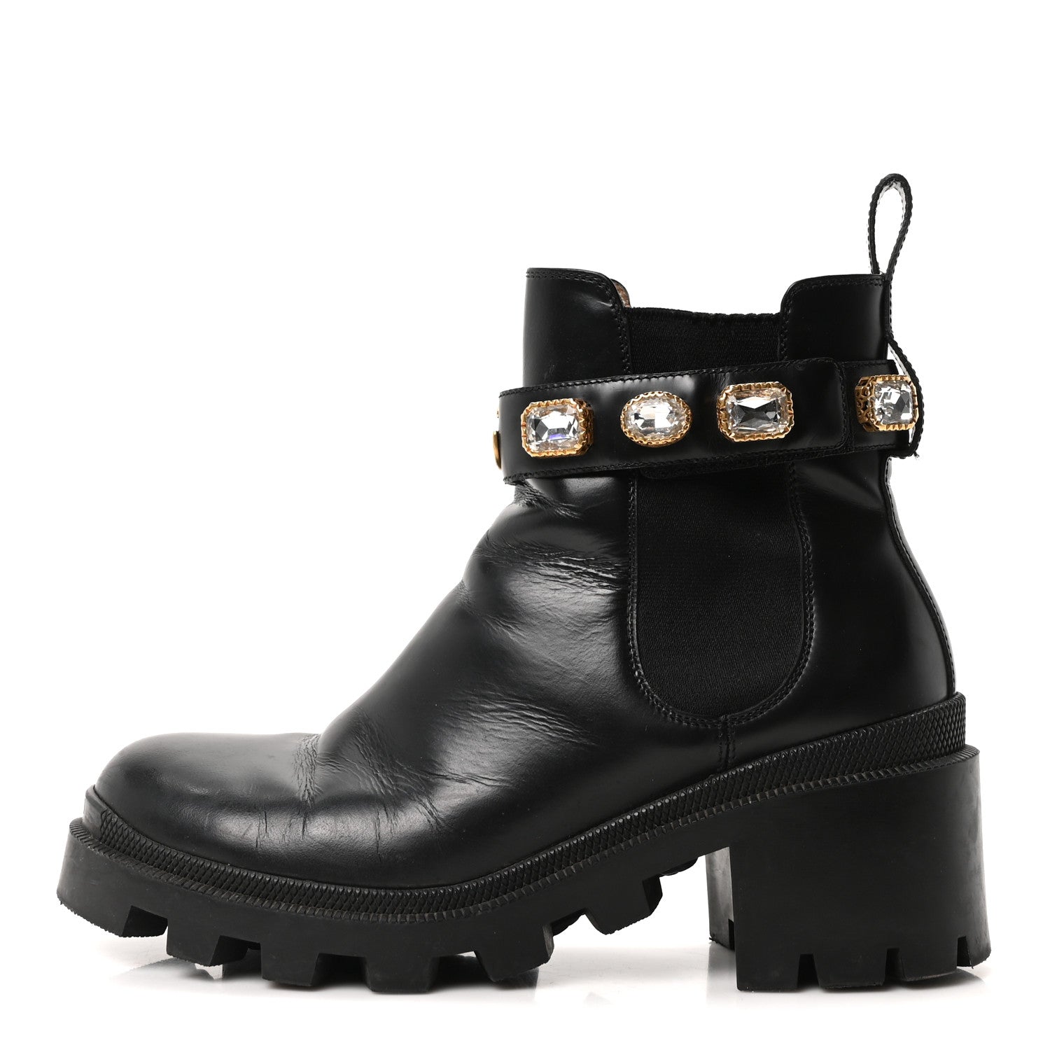 Gucci Calfskin Crystal GG Trip Chelsea Ankle Boots 38 Black