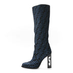 Fendi Chenille Jacquard FF 110mm Knee Boots 38 Black Blue