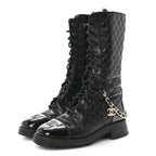 Chanel Shiny Calfskin Patent Quilted Chain Lace Up Combat Long Boots 38.5 Black