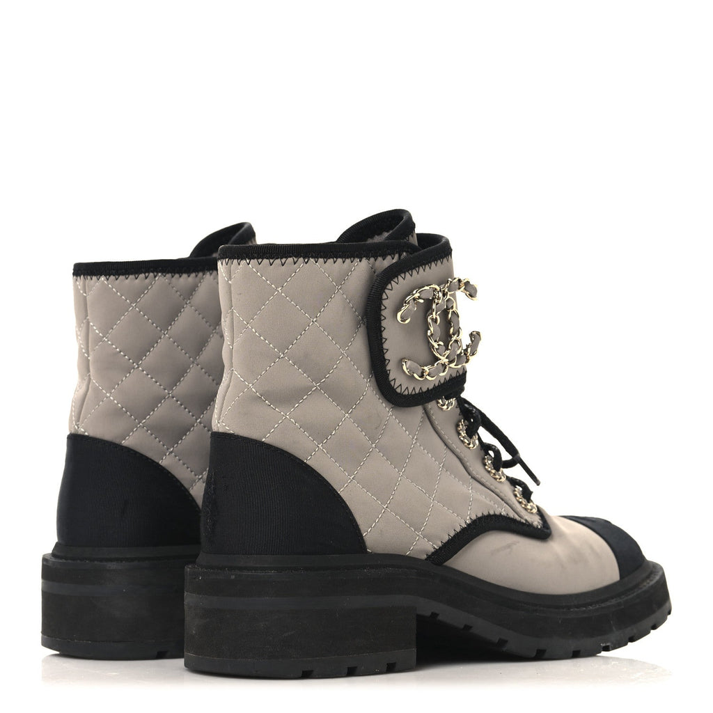 Chanel Fabric Grosgrain Lambskin Quilted Lace Up Combat Boot 36 Gray