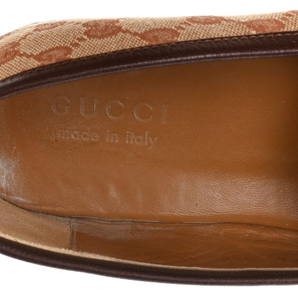 Gucci Canvas GG Monogram Horsebit Mens Jordaan Loafers 9.5 Beige Ruggine Light Brown