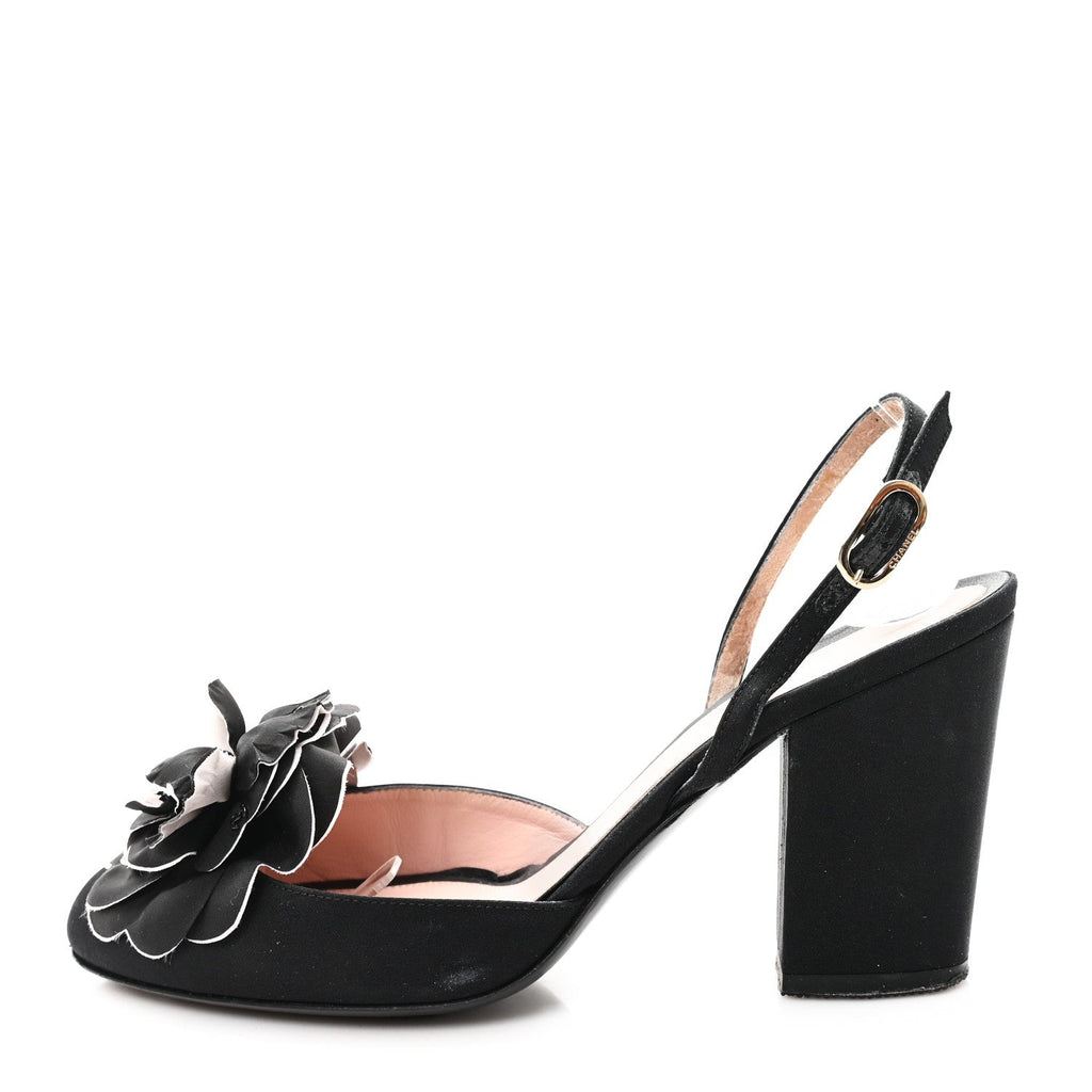 Chanel Satin Camelia Block Heels Sandals 37.5 Black