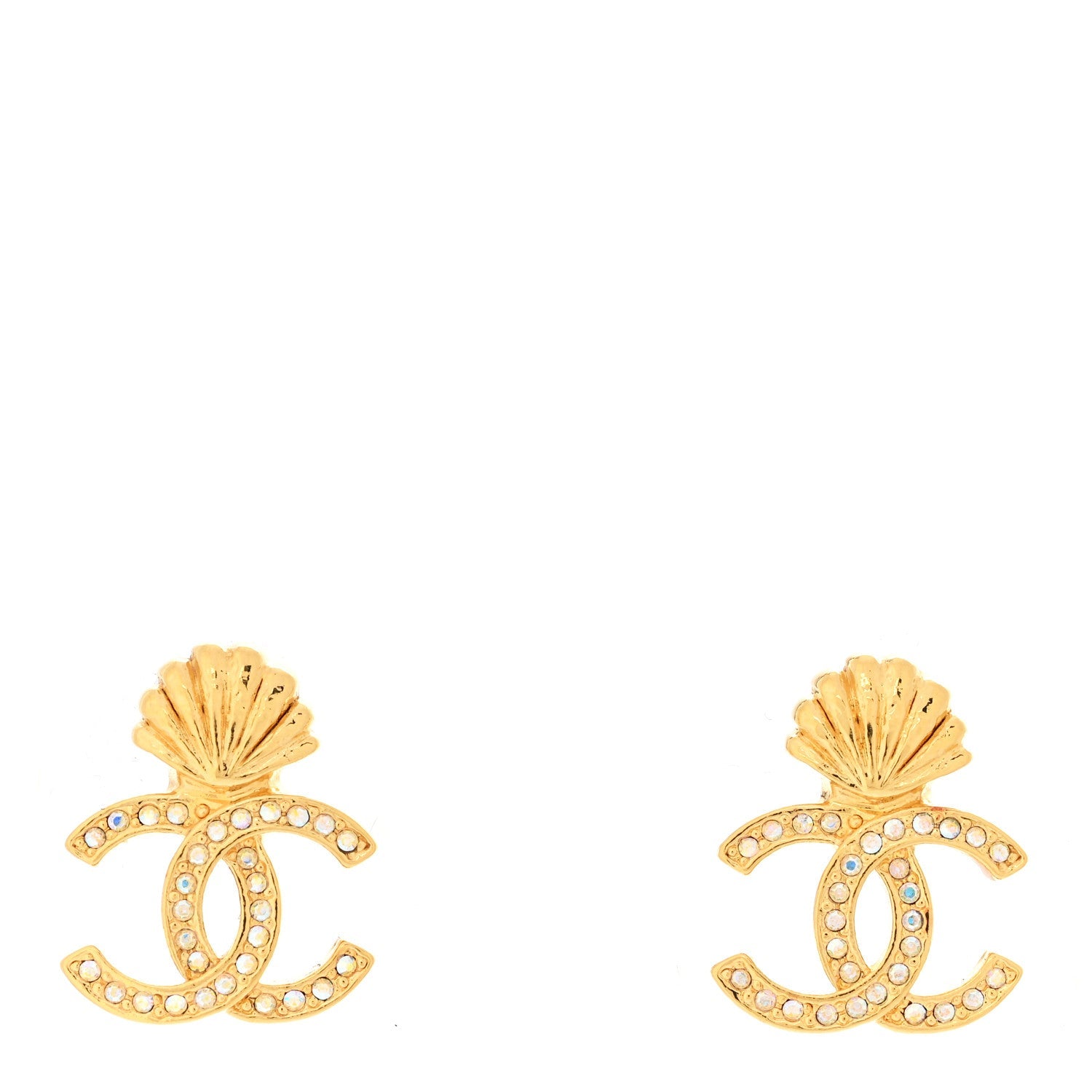 Chanel Crystal CC Shell Earrings Gold
