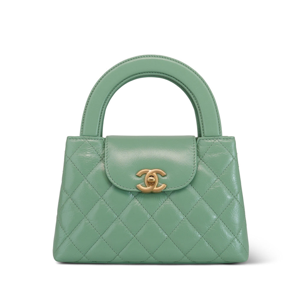 Chanel 25C Light Green Shiny Aged Calfskin Quilted Nano Kelly Shopper Aged Gold Hardware