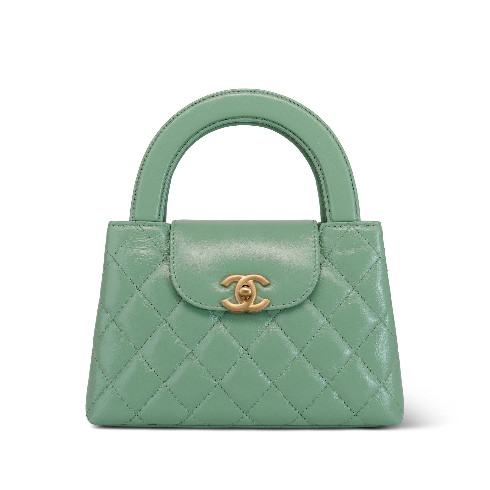 Chanel 25C Light Green Shiny Aged Calfskin Quilted Nano Kelly Shopper Aged Gold Hardware