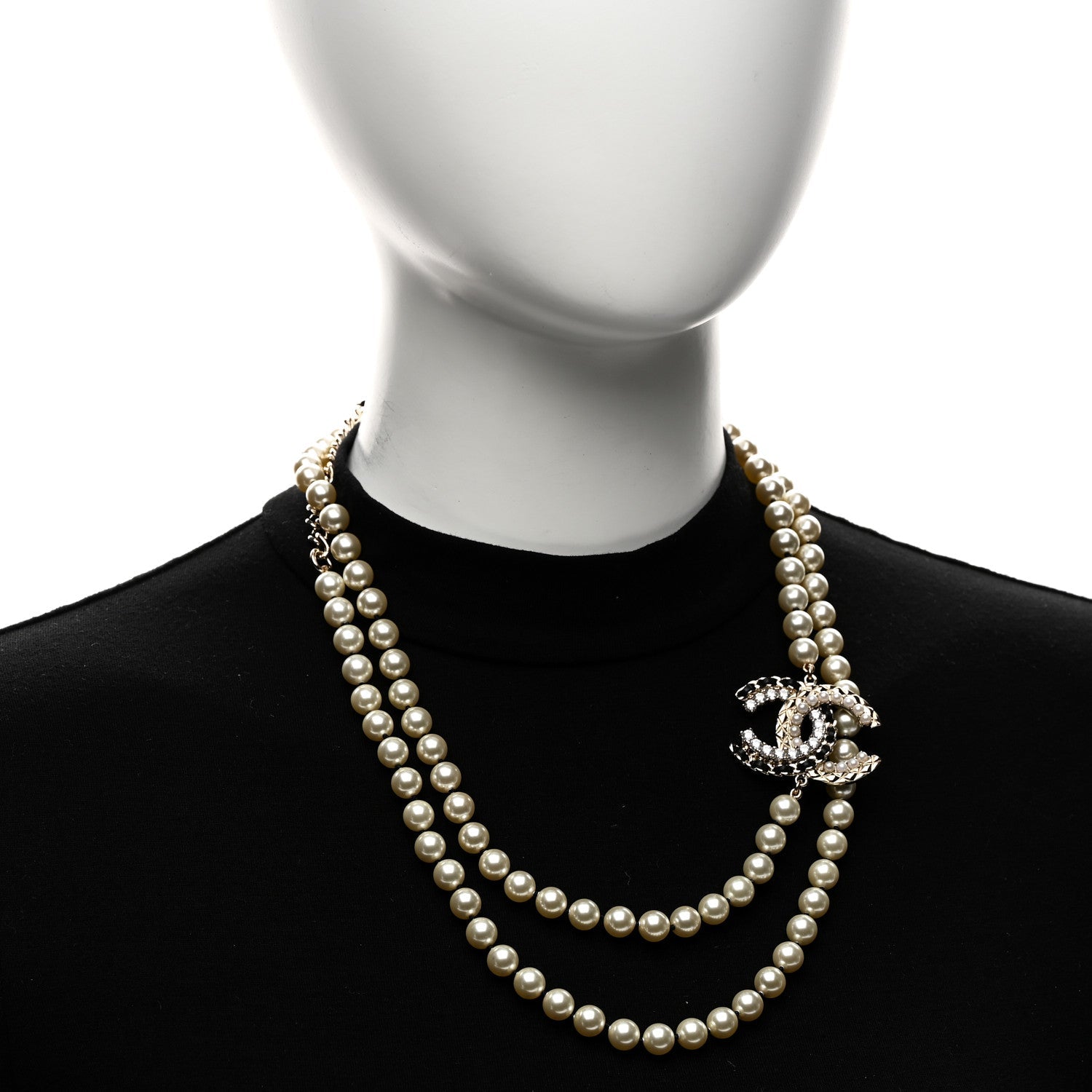 Chanel Pearl Crystal Lambskin CC Long Necklace Gold Black