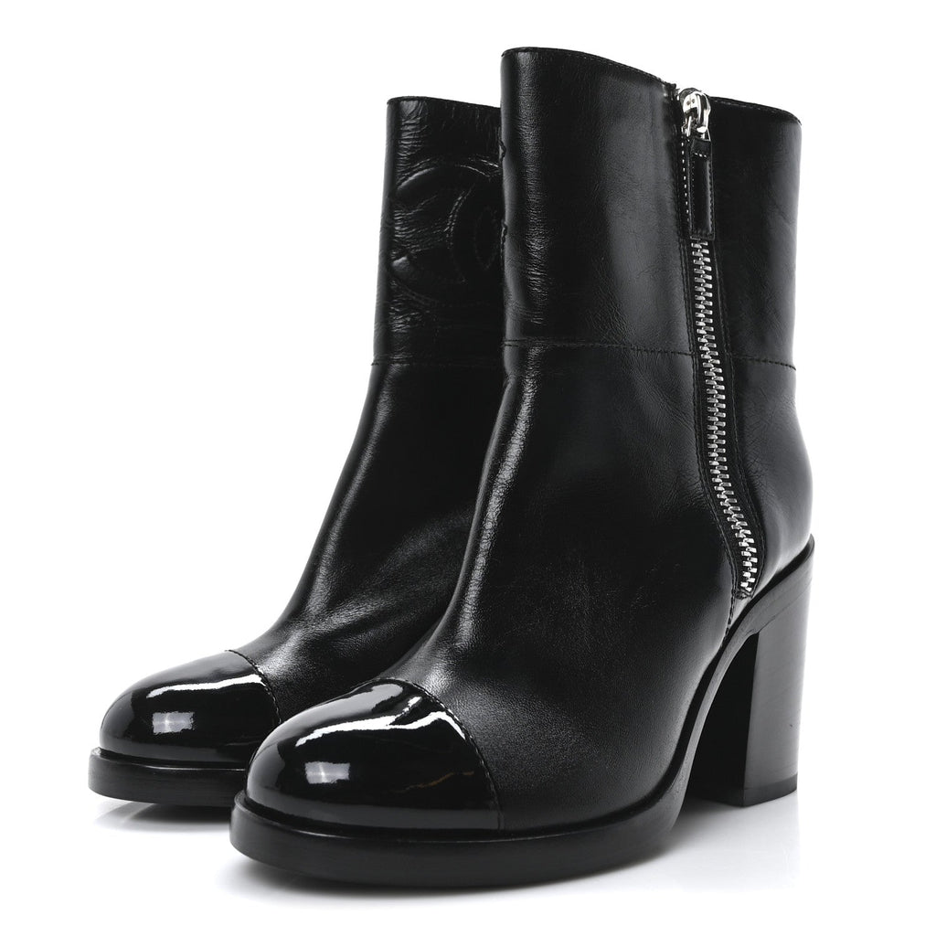 Chanel Calfskin Patent Quilted Cap Toe CC Boots 37 Black