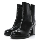 Chanel Calfskin Patent Quilted Cap Toe CC Boots 37 Black