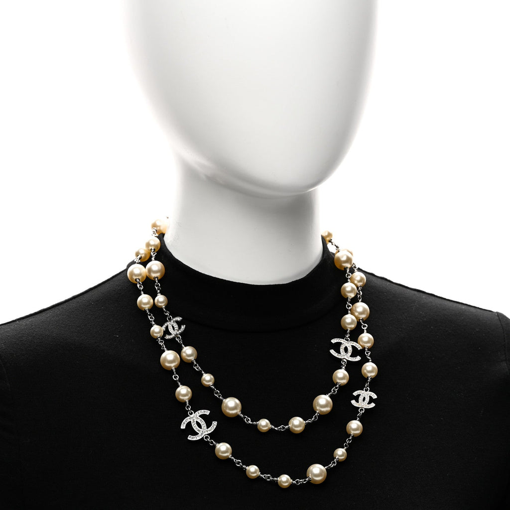 Chanel Graduated Pearl Crystal CC Long Necklace Silver