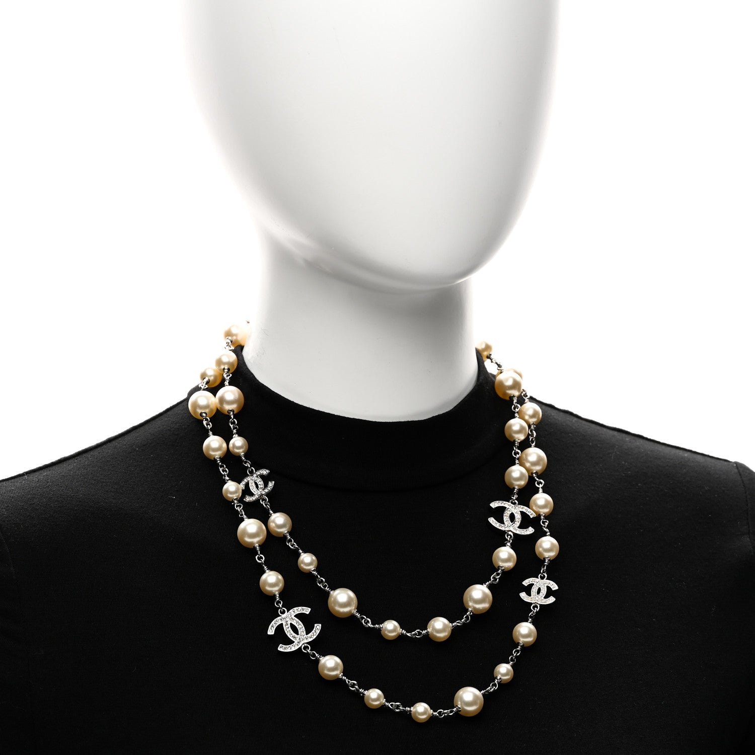 Chanel Graduated Pearl Crystal CC Long Necklace Silver