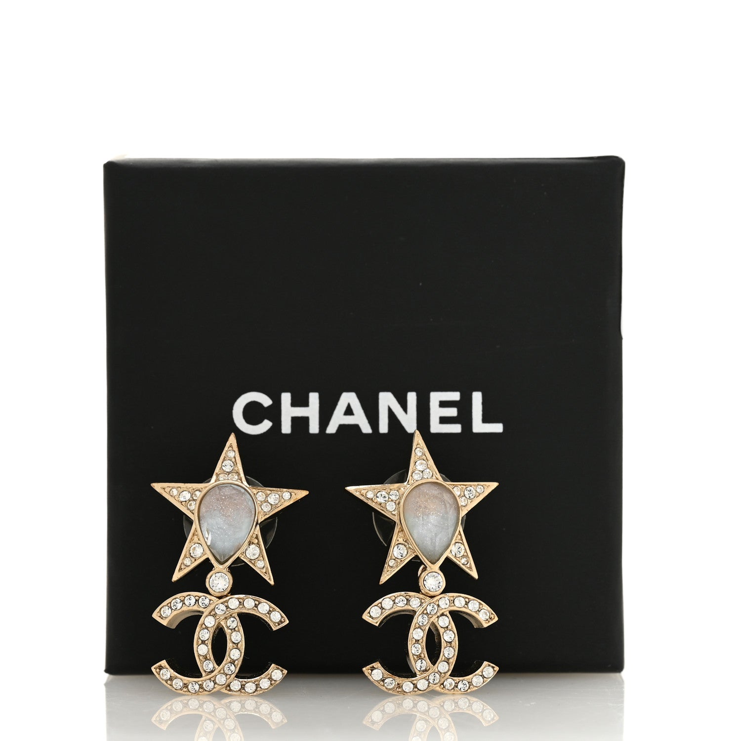 Chanel Crystal CC Star Drop Earrings Gold Blue Pink