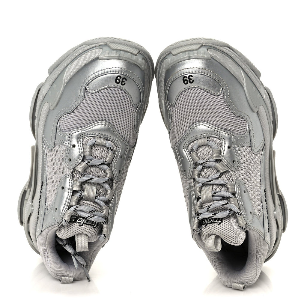 Balenciaga Metallic Fabric Mesh Womens Triple S Sneakers 39 Silver