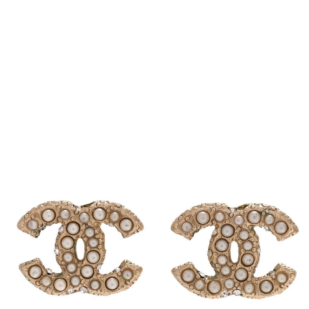 Chanel Metal Graduated Pearl Crystal CC Earrings Light Gold