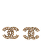 Chanel Metal Graduated Pearl Crystal CC Earrings Light Gold