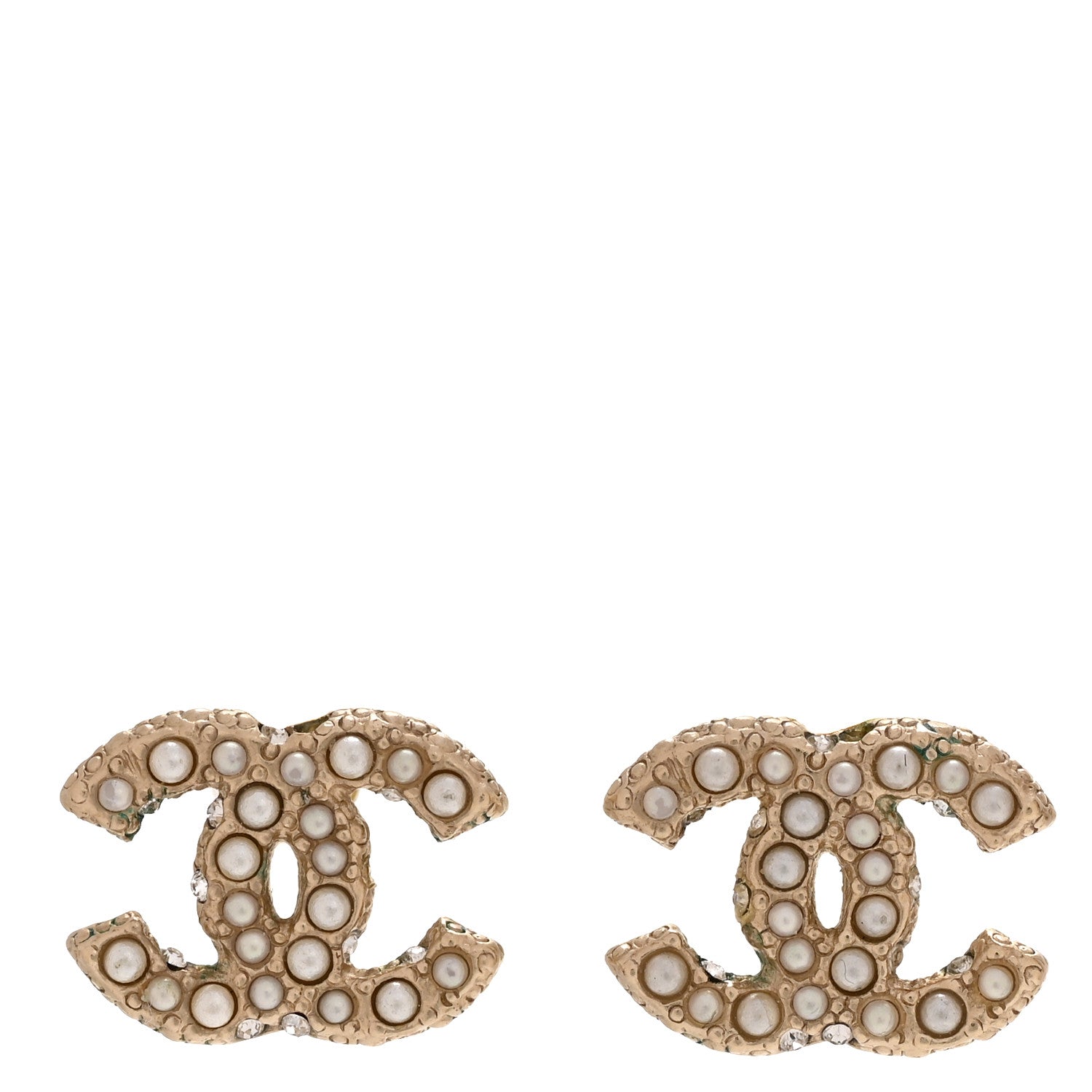 Chanel Metal Graduated Pearl Crystal CC Earrings Light Gold