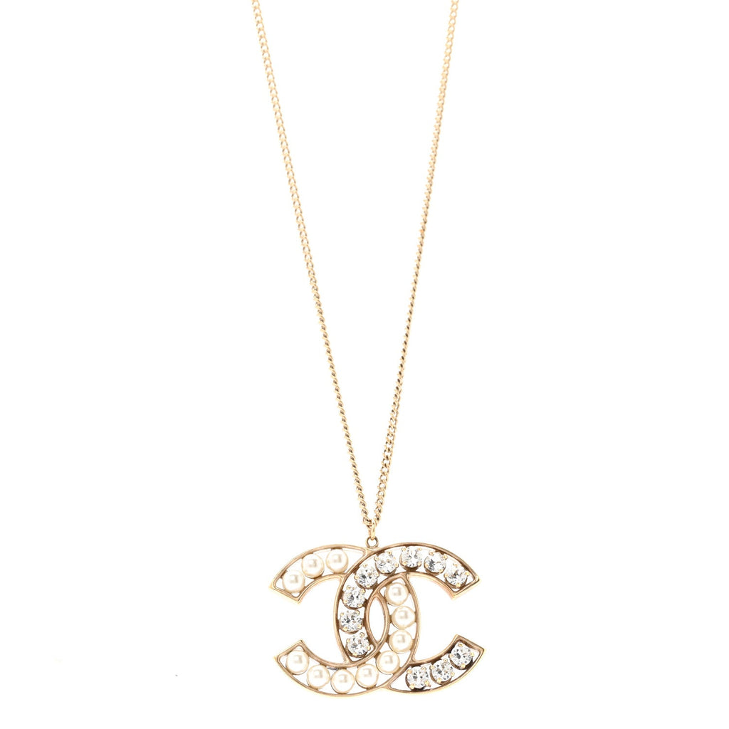 Chanel Pearl Crystal CC Pendant Necklace Gold