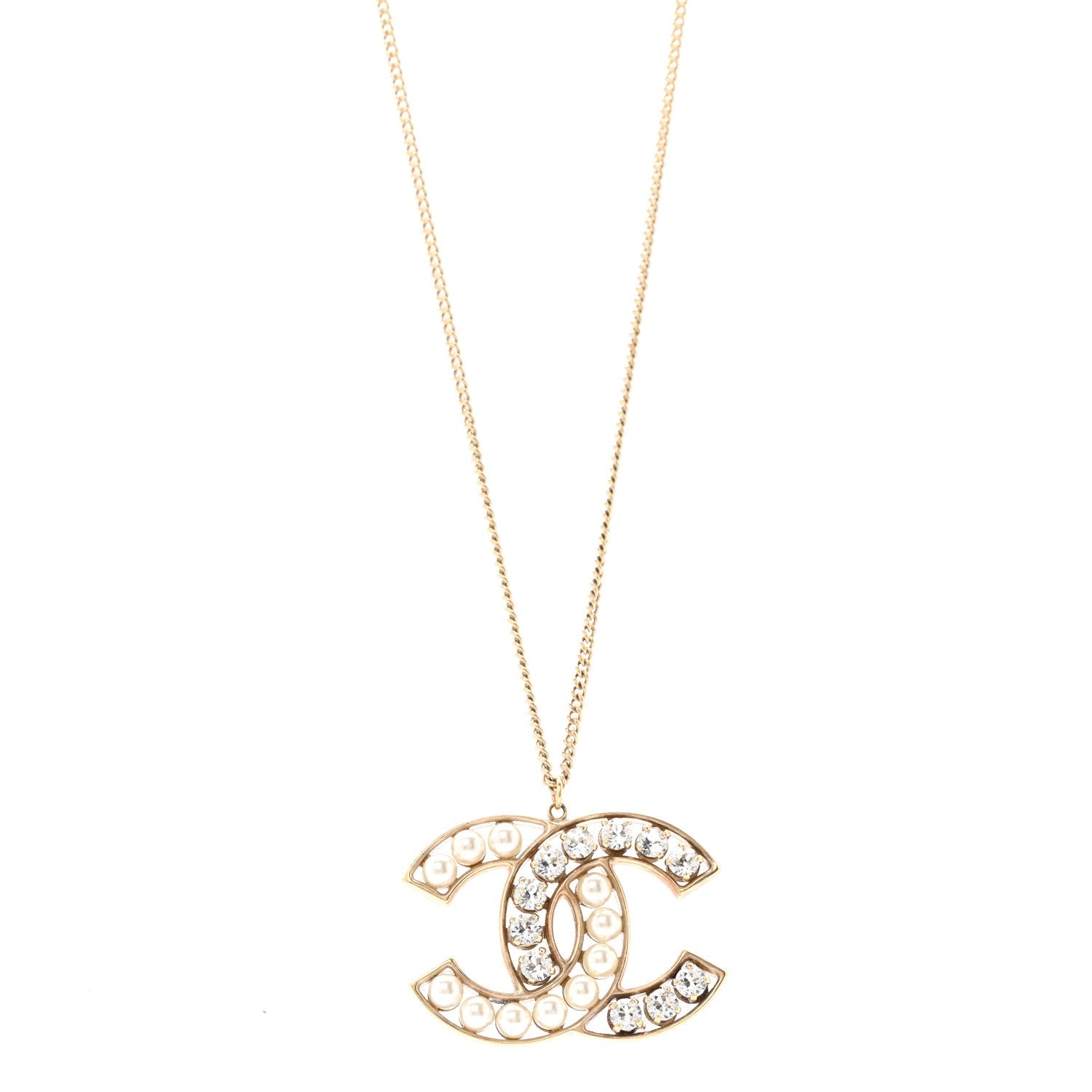 Chanel Pearl Crystal CC Pendant Necklace Gold