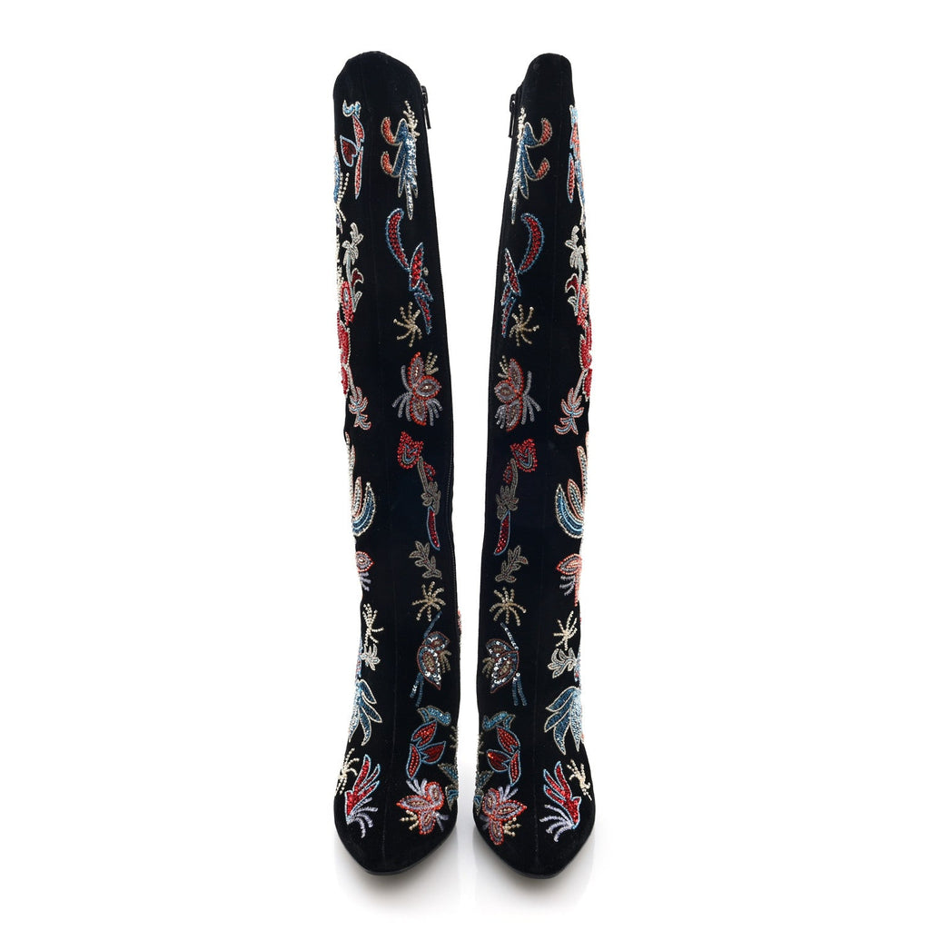 Saint Laurent Velvet Embroidered Claire Boots 36 Black