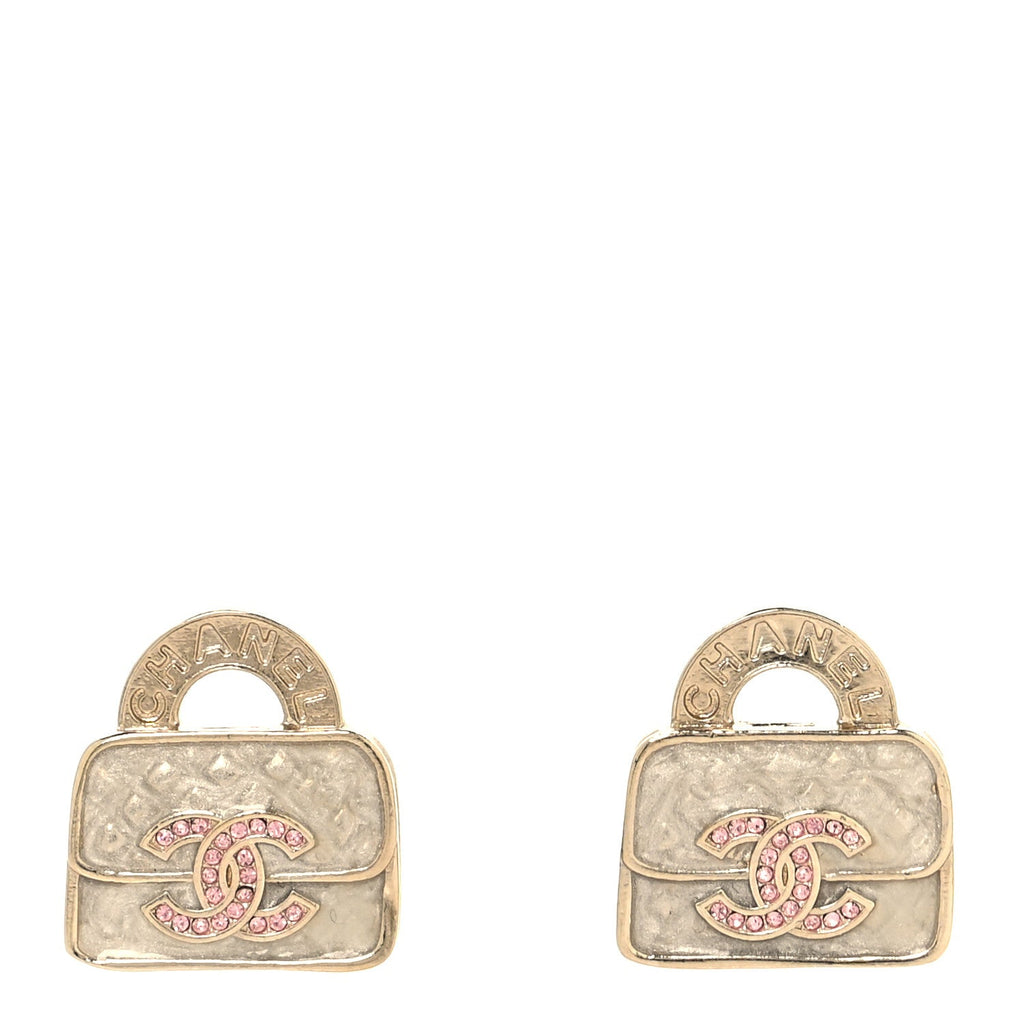 Chanel Metal Crystal Resin CC Top Handle Bag Clip On Earrings Pink White Gold