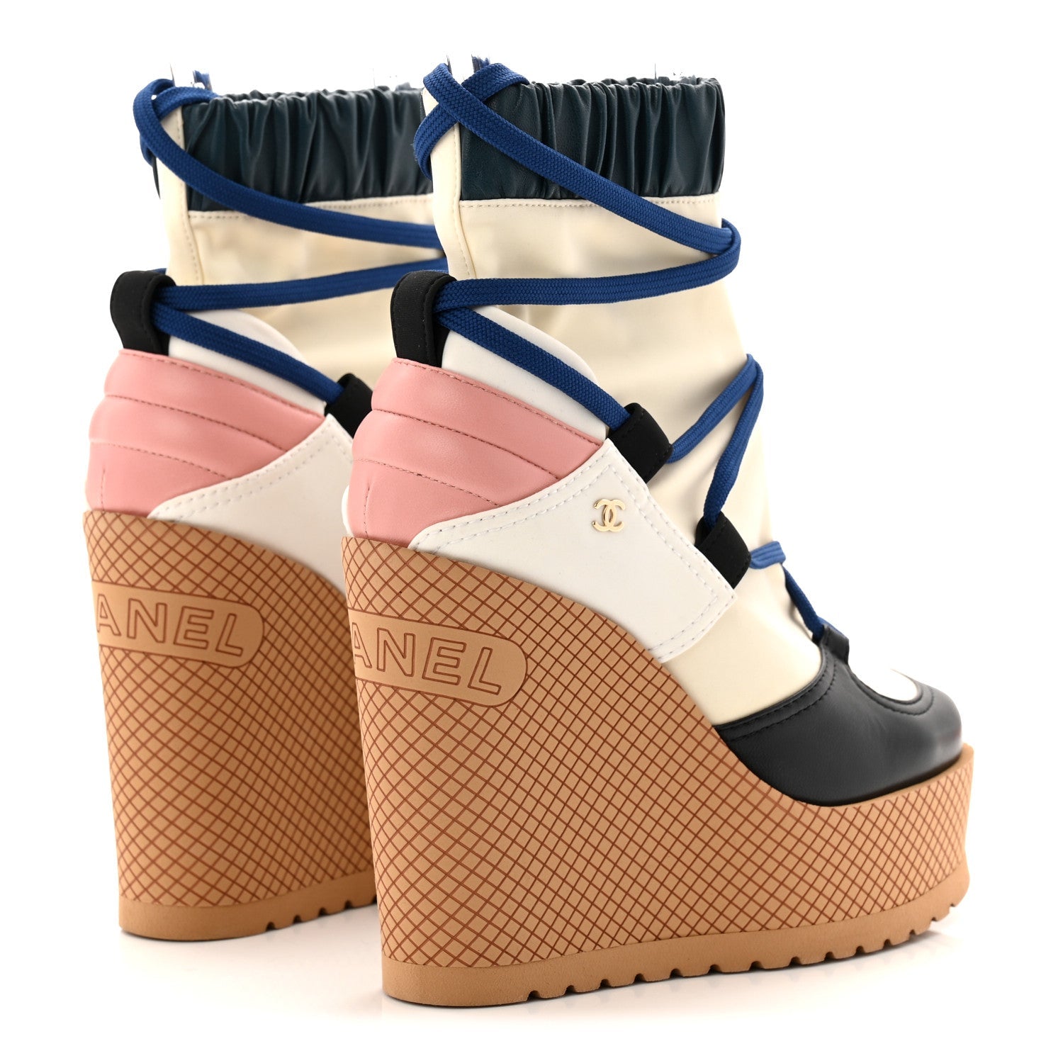 Chanel Fabric Lambskin Calfskin Runway Wedge Short Platform Boots 36 Blue White Pink