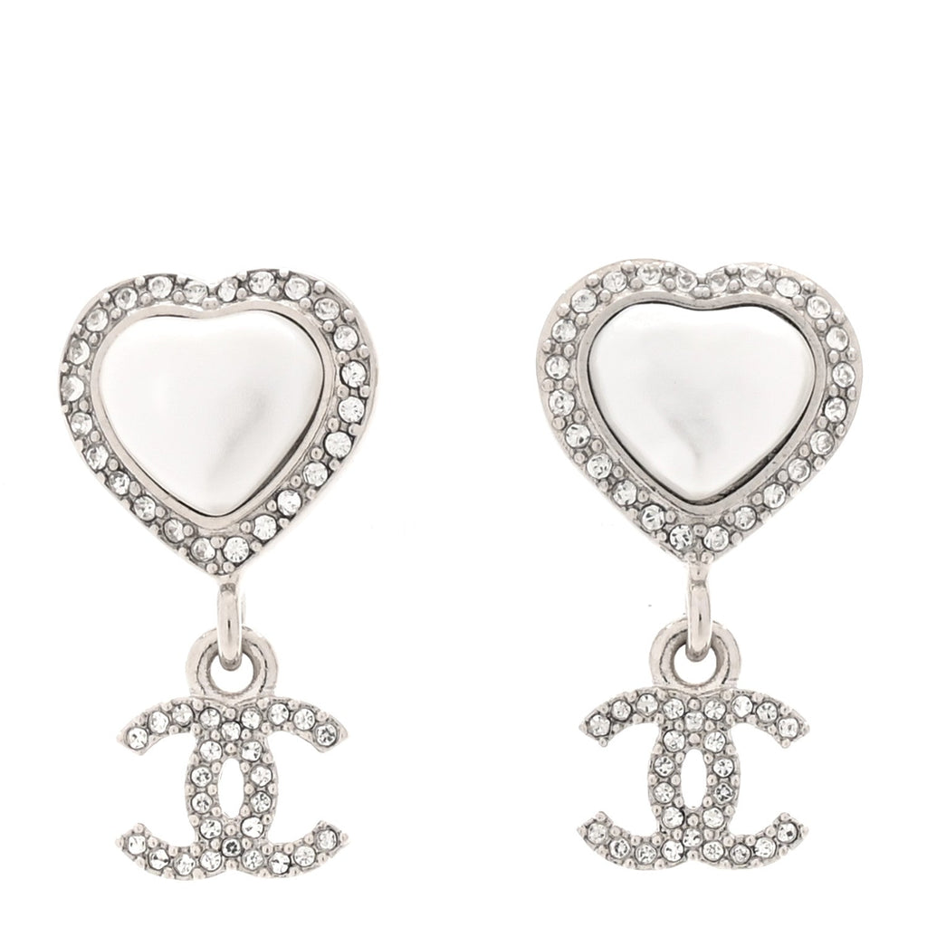 Chanel Pearl Crystal CC Heart Drop Earrings Silver