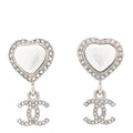 Chanel Pearl Crystal CC Heart Drop Earrings Silver