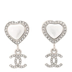 Chanel Pearl Crystal CC Heart Drop Earrings Silver