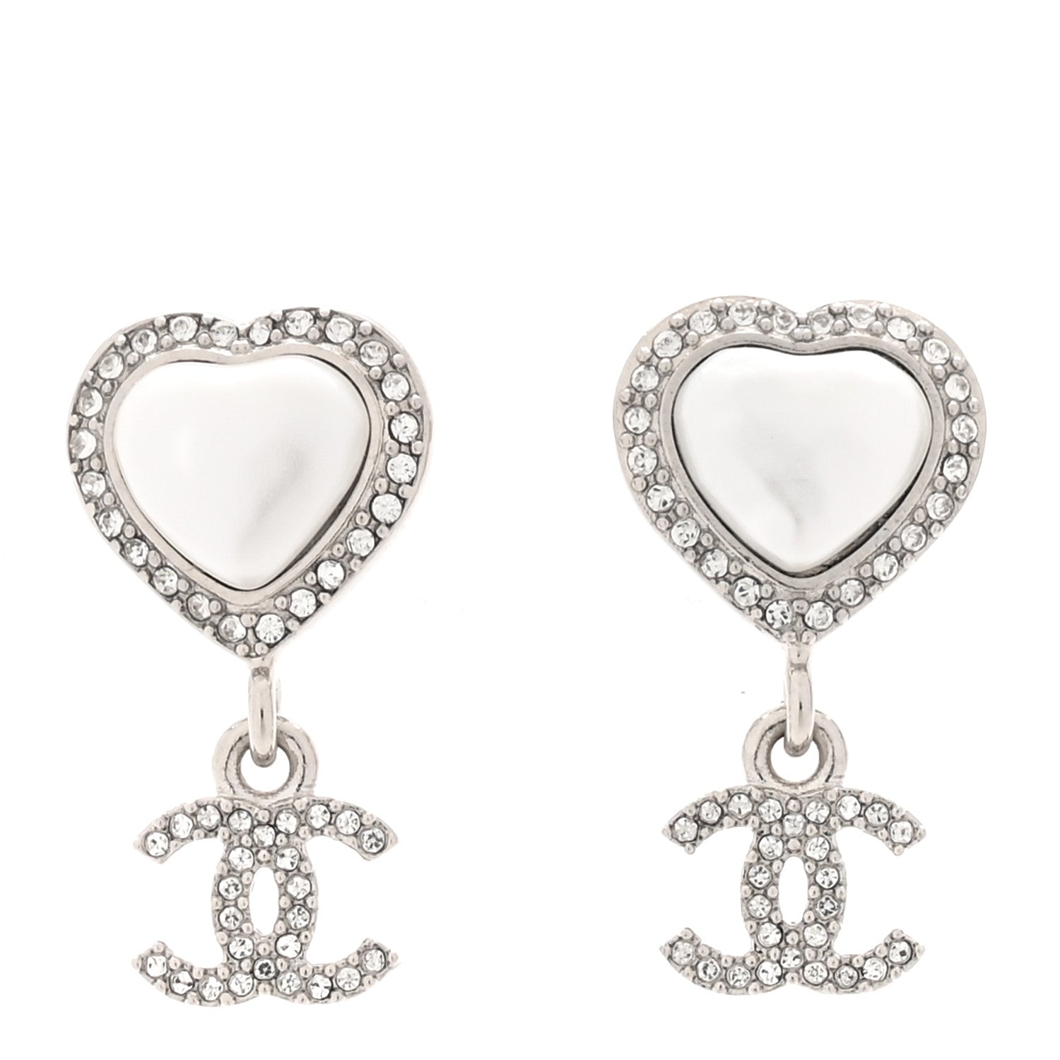 Chanel Pearl Crystal CC Heart Drop Earrings Silver